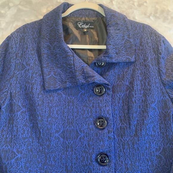 Ethyl Patterned Long Coat Women's M Blue Brocade Button Down Victorian (0317) - Picture 5 of 12